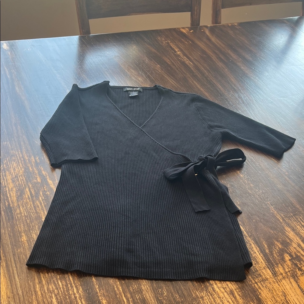 Black Ribbed Wrap V-Neck Sweater with Side Tie